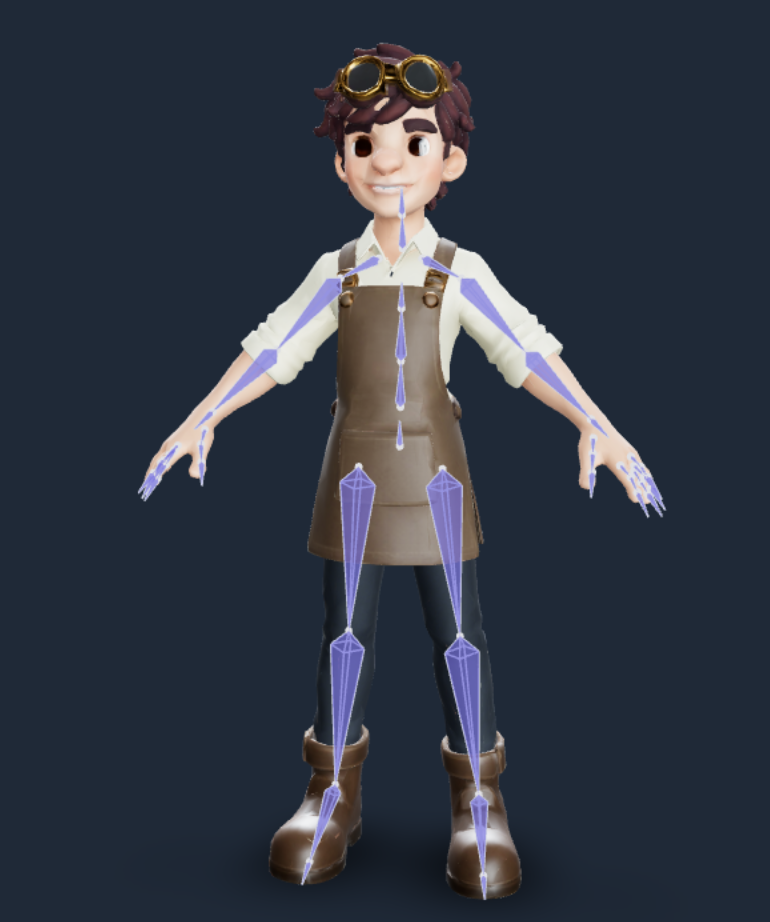 A 3D character with its rig's bones visible.
